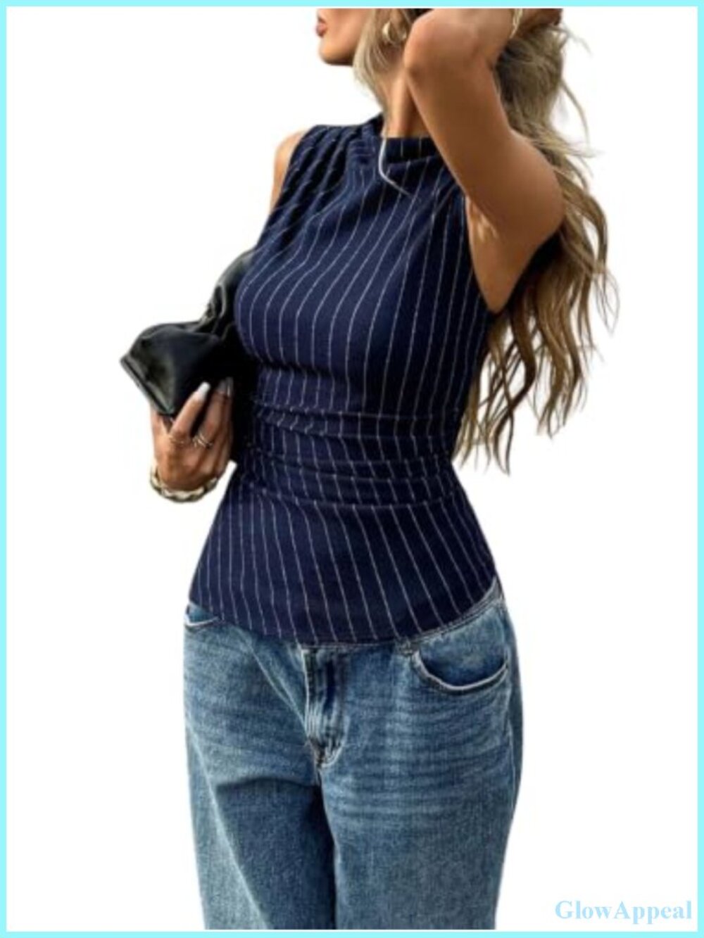 Striped Tank Top Mock Neck Sleeveless Slim Fit Ruched Dressy Casual